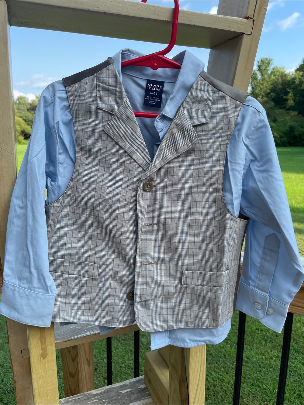 Class Club Light Blue Shirt with Gray Plaid Vest Two-Piece Set